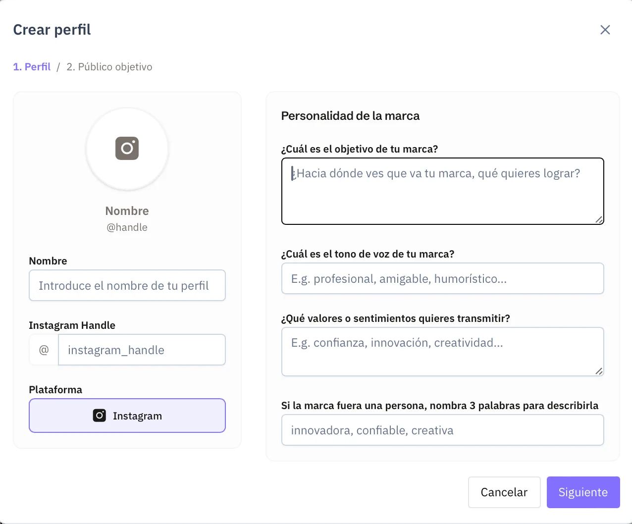 Pantalla de creación de perfil en Trendia