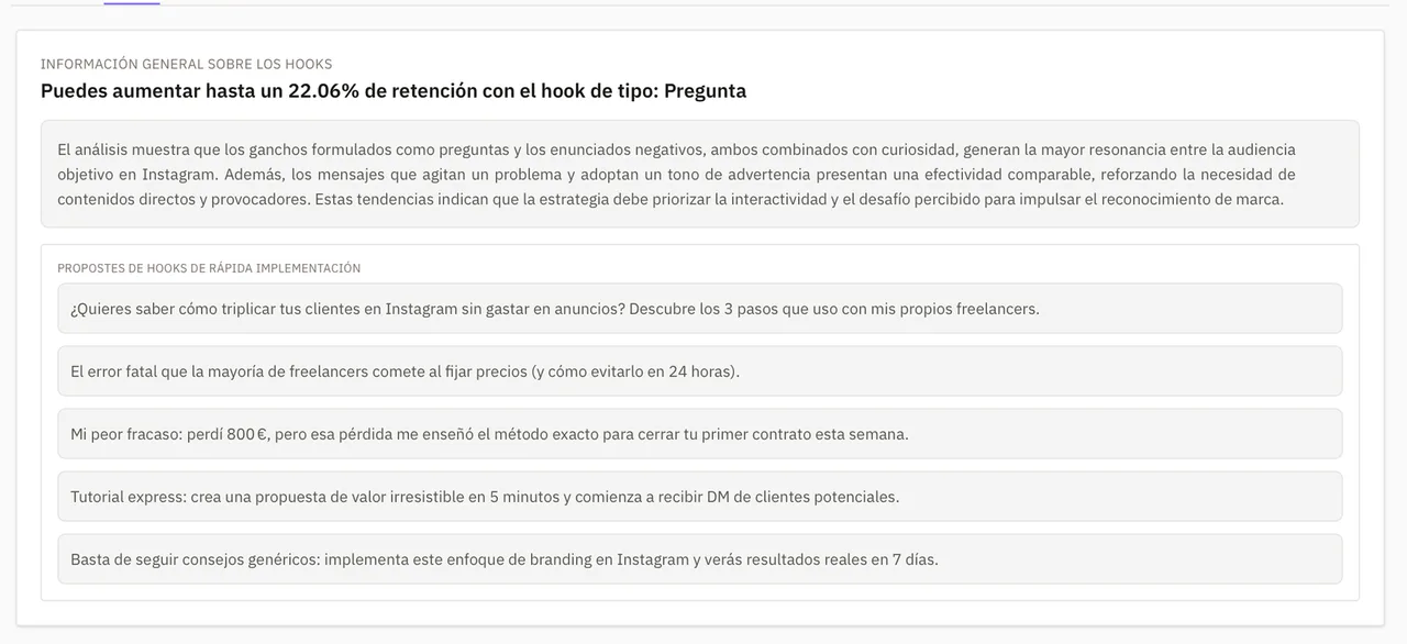 Panel de análisis de hooks en Trendia con propuestas listas para usar